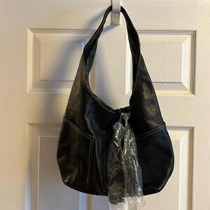 Black leather shoulder bag.